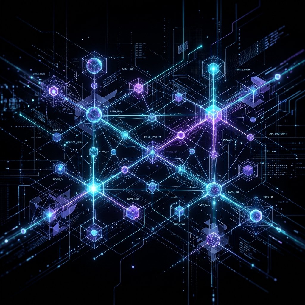 Enterprise technical system topology render displaying interconnected nodes representing code modularity and architecture